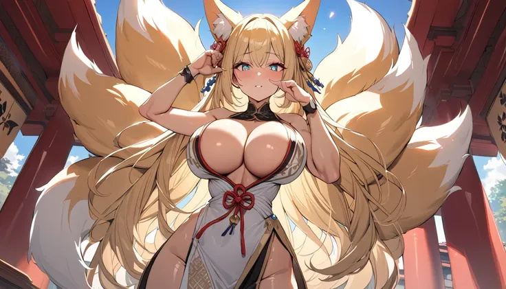 1 beautifull kitsune queen,blonde hairs, french braid, hair hide ear, hime cut, very long hair, heart-shaped pupils, animal ears, fox ears,"long orange fox ears with black tips", covering ears, kemonomimi mode,tail emanating(9 tails fox),huge tits, large h...