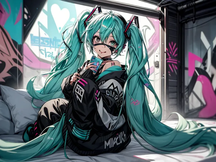 (hatsune_miku:1.2), (tongue piercing:1.2), tongue , black mask_pull, Graffiti, ear piercing , makeup, full body , graffiti wall ,choker shot, choker, holding an iPhone, laying on the bed, in bedromm, full body shot, far shot.