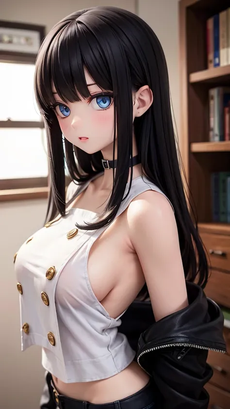 Black-haired, blue-eyed, large-breasted woman