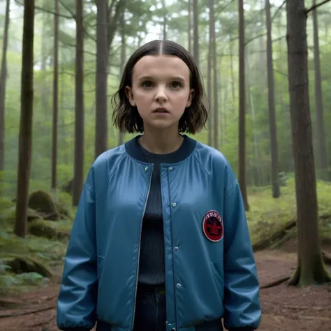 milli3 woman, millie bobby brown, netflix series, eleven, in a dark forest, front view, forest, horror