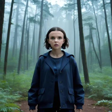 milli3 woman, millie bobby brown, netflix series, eleven, in a dark forest, front view, forest, horror