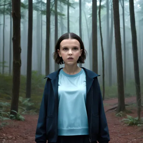 milli3 woman, millie bobby brown, netflix series, eleven, in a dark forest, front view, forest, horror