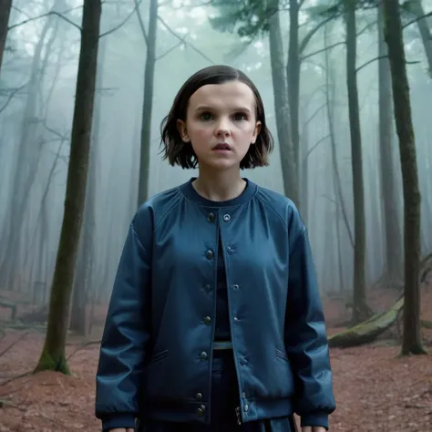 milli3 woman, millie bobby brown, netflix series, eleven, in a dark forest, front view, forest, horror