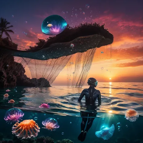 a endless ocean at night. partially underwater shot A huge luminescent barrier reef with glowing fishes and jellyfishes. incorporate floating bioluminescent orbs that drift lazily through the water, casting a soft glow. deep dark sea with translucent silho...