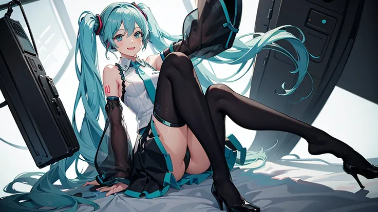 1girl, solo, , female , masterpiece, beautiful hands, hatsune miku, white shirt, (black skirt:1.3), blue necktie, bare shoulders, detached sleeves, holding an iPhone, laying on the bed, in bedroom, full body shot, far shot.
BREAK
:d, happy, smile, looking ...