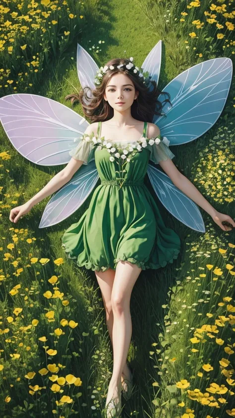 A four-leaf clover fairy in a beautiful flower field as far as the eye can see