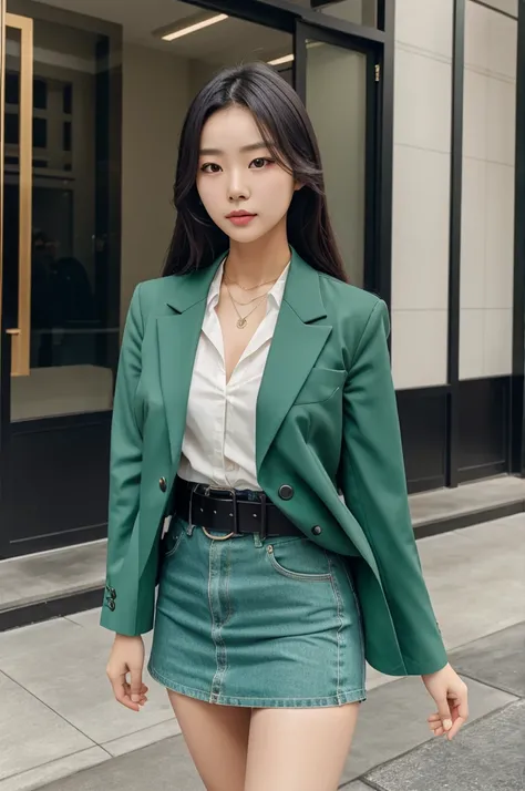 A Korean girl wearing wetallic green belted blazer