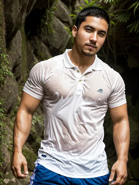 独奏 , 1 person , Portrait of a handsome Asian rugby player with short hair, a muscular beard, big muscles, wearing a white polo shirt, wet, outdoors, mountain forest, Thailand, Laos, Burma, Asia.