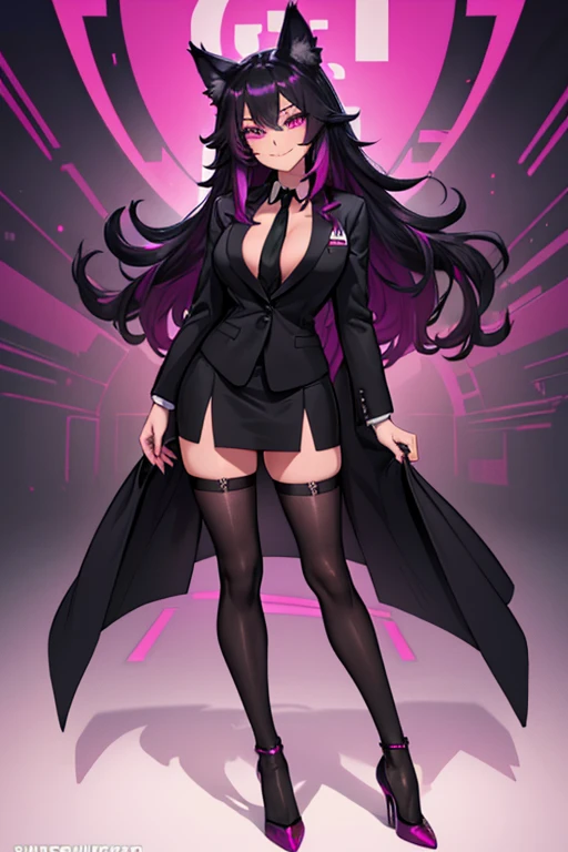 female, black long hair with magenta highlights, silver eyes, black wolf ears, black wolf tail, (((1girl))), (((black business suit))), (magenta dress shirt), (black pencil skirt), (Magenta stockings), (black heels), cute and sexy, full body, large breasts...