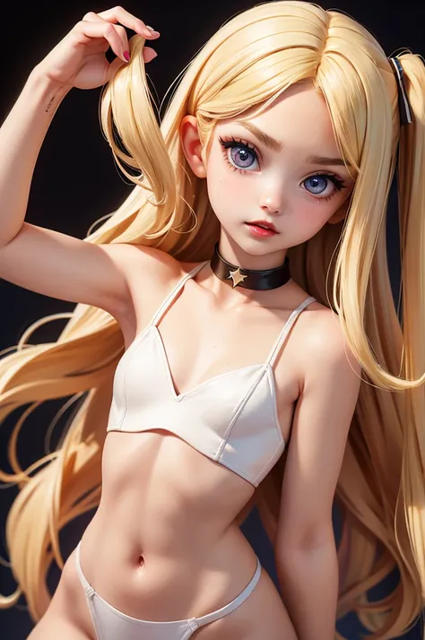 hyperrealistic 14 year American teen, blonde, perfect tiny body, sexy, dark makeup, small choker, perfect slim face, big red lips, very cute face, tiny body, big eyes, young looking