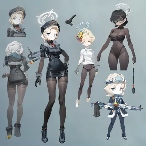 Game Character Concept Art, modern design, blue archive style, various decorations, black full body stockings, 