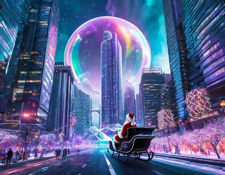 Imagine Santa Claus and his reindeer sleigh in a futuristic cityscape. The iridescent plasma fractals illuminate the towering skyscrapers and flying vehicles. The bubbles take the form of high-tech energy spheres, and the scene is bathed in a neon glow.