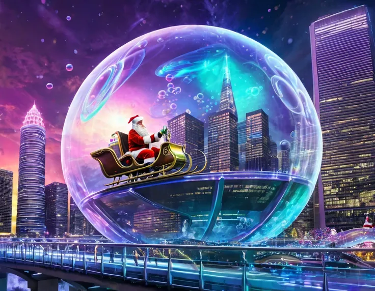 Imagine Santa Claus and his reindeer sleigh in a futuristic cityscape. The iridescent plasma fractals illuminate the towering skyscrapers and flying vehicles. The bubbles take the form of high-tech energy spheres, and the scene is bathed in a neon glow.