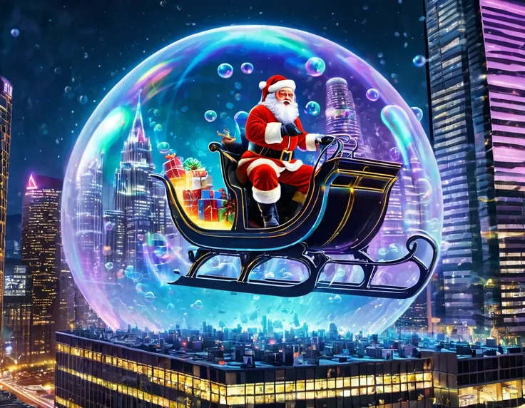 Imagine Santa Claus and his reindeer sleigh in a futuristic cityscape. The iridescent plasma fractals illuminate the towering skyscrapers and flying vehicles. The bubbles take the form of high-tech energy spheres, and the scene is bathed in a neon glow.