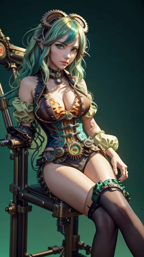 ((live 2D))  masterpiece, 1girl, upper body, stands straight, steampunk swimsuit clothes, looking at viewer, detailed face, girl with green wavy hair, bangs, metal sheep horns, gradient hair, multicolored hair, light green hair, turquoise hair tips, wavy h...