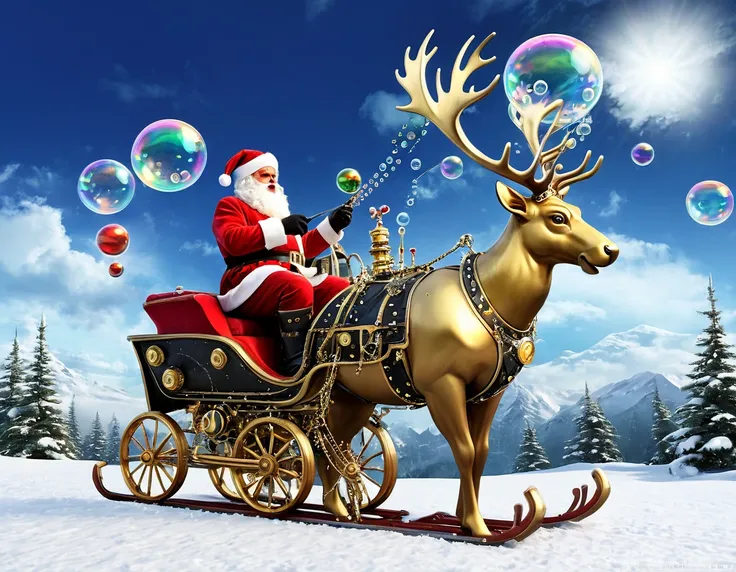 Picture Santa Claus and his sleigh as a magnificent steampunk contraption, adorned with intricate gears and brass ornaments. The reindeer sport mechanical enhancements, and the bubbles manifest as steam clouds. The entire scene is set against a backdrop of...