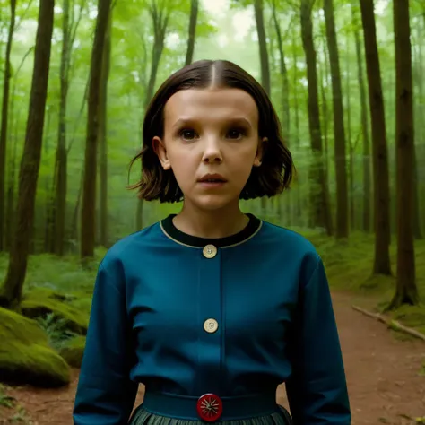 milli3 woman, millie bobby brown, netflix series, eleven, front view, in a forest