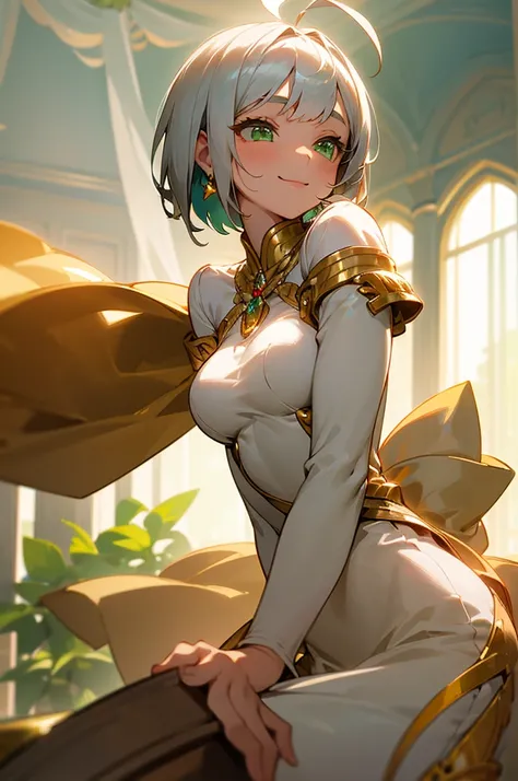 1girl, beautiful girl, cute girl and idol face, young face, smile, ahoge and short bob cut and shiny silver hair, beautiful green eyes, medium breasts, shiny white skin, Upper class, princesses, gorgeous rooms, classical mansions, jewelry and gold dresses