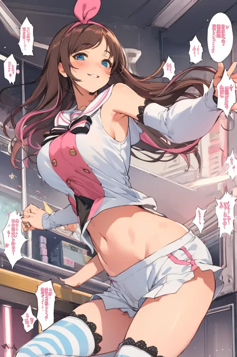 1girl,big breasts,looking viewer,blush,smile,(nsfw),my room
 crop top, underboob, 
 kizuna ai, long hair, brown hair, multicolored hair, short shorts, floating hair, pink hairband, white shorts, detached sleeves, navel, sailor collar, streaked hair, pink h...