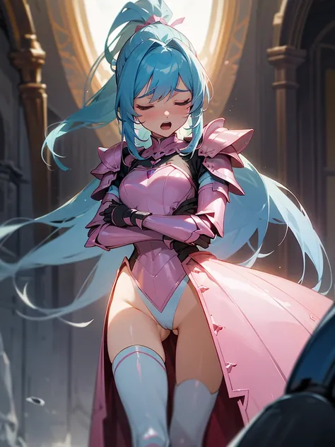 CorqueLans, Fausseté Amour, pink armor, high-cut_armor, high-leg-cut_armor, high-leg-cut_leotard, Removable armor, long hair, light blue hair, ponytail, scream, closed eyes, leak urine, a lot peeing,