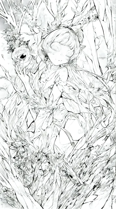 (line art,Monochrome design,drawing pencil,Traditional media:0.9), 1 girl, work of art, best qualityer, The Space Princess of the Moon, snow white surrounded by forest animals, sensual and provocative poses