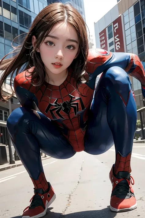 (masterpiece), best quality, perfect body, 18yo GIRL, spiderman suit, 