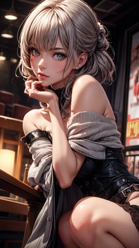 Highest quality, masterpiece, Ultra-high resolution, (Realistic: 1.4), RAW Photos, One girl, Off the shoulder, Cinema Lighting, Kiss pose, Heterochromia iridis, Gray Hair, Cleavage,