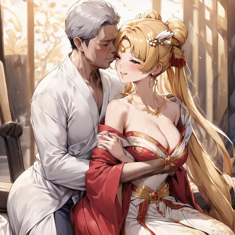 ((Highest quality)), ((masterpiece)), (detailed), （Perfect Face）、The woman is a Chinese woman named Tsukino Usagi, wearing a gorgeous and glittering red wedding dress made of Hanfu with lots of gold embroidery, a gorgeous hair ornament, gorgeous jeweled ac...