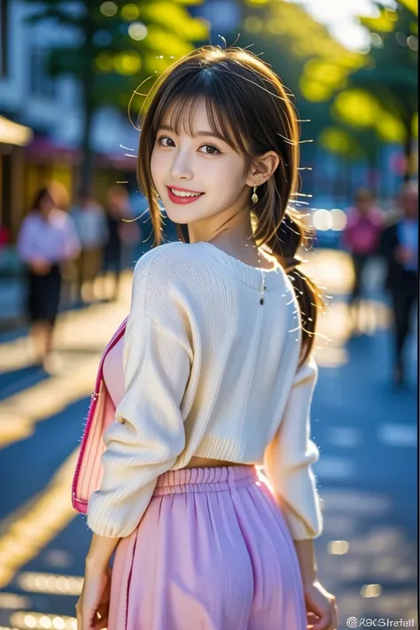 (8K、Raw photography、top-quality、​masterpiece:1.2)、(realisitic、Photorealsitic:1.37)、ultra-detailliert、超A high resolution、1 fair-skinned girl、beautifull detailed face、In the street、full body Esbian、poneyTail、hand bag、Cardigan、flered skirt、(glowing earrings)、...