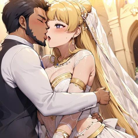 ((Highest quality)), ((masterpiece)), (detailed), （Perfect Face）、The woman is a brown-skinned Egyptian named Tsukino Usagi, and is getting married in an Egyptian church in a gorgeous, glittering Egyptian traditional wedding dress with gold embroidery, a go...