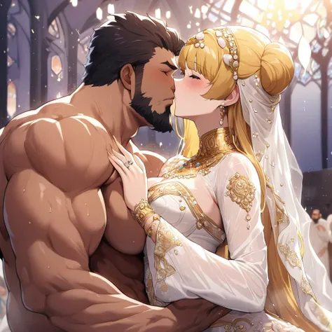 ((Highest quality)), ((masterpiece)), (detailed), （Perfect Face）、The woman is Tsukino Usagi, a dark-skinned Arab Muslim woman, and is getting married in an Islamic church wearing a gorgeous, glittering Arab wedding dress with gold embroidery, a gorgeous ha...