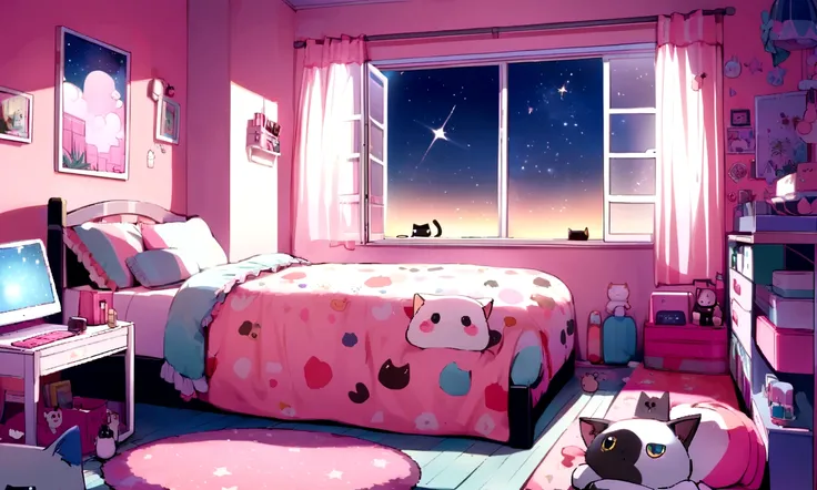 Kawaii room with gamer computer window where Siamese cat with stars in the sky is stored in bed