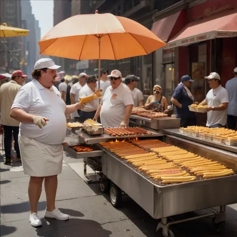 In New York there is a street where a lot of people are walking, and there is a hot dog seller 
     She wanted to buy hot dogs from a fat seller wearing a white hat who was grilling hot dogs and people were buying them
