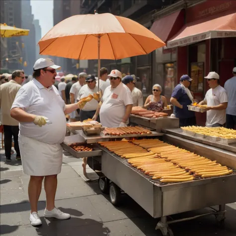 In New York there is a street where a lot of people are walking, and there is a hot dog seller 
     She wanted to buy hot dogs from a fat seller wearing a white hat who was grilling hot dogs and people were buying them
