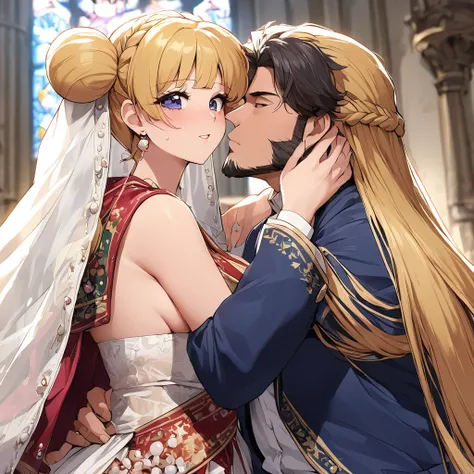 ((Highest quality)), ((masterpiece)), (detailed), （Perfect Face）、The woman is an Italian named Tsukino Usagi, and is wearing a gorgeous and dazzling Italian traditional Sardinian costume in an Italian church, a lavishly decorated velvet jacket, a long veil...