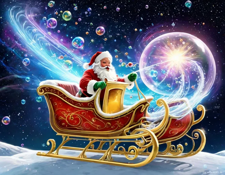 Launch Santa and his sleigh into a cosmic adventure. The iridescent plasma fractals transform into swirling galaxies, and the bubbles become celestial phenomena. Santas sleigh travels through the vastness of space in an epic and breathtaking journey.