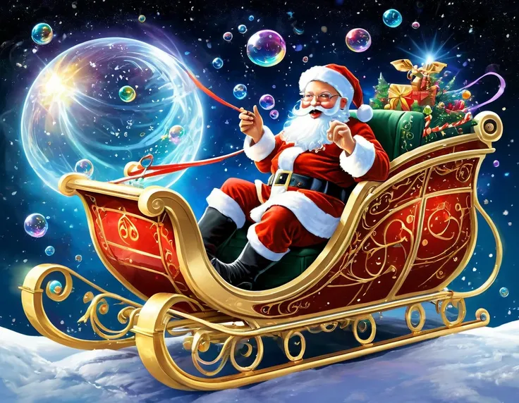 Launch Santa and his sleigh into a cosmic adventure. The iridescent plasma fractals transform into swirling galaxies, and the bubbles become celestial phenomena. Santas sleigh travels through the vastness of space in an epic and breathtaking journey.