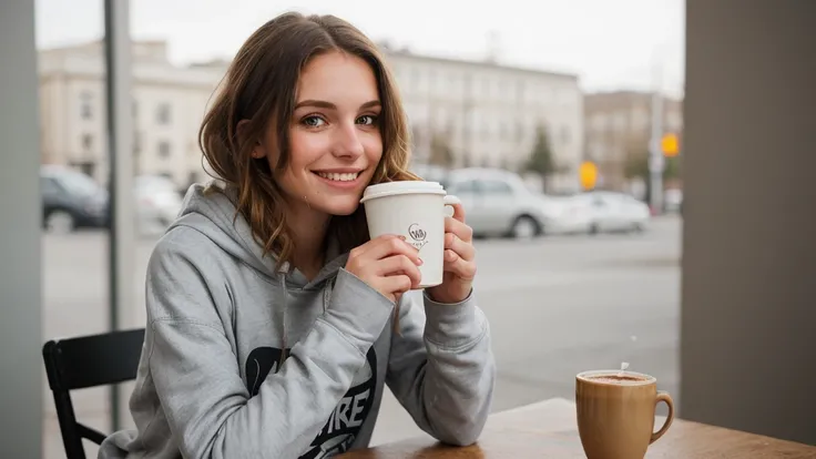 photo of a beautiful girl wearing casual shirt with a hoodie and leggings, having coffee. messy medium hair, slim body, medium upper body shot, cute smile, shallow depth of field