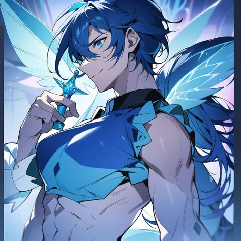 Close-up of a man in a full transformed fairy male blue outfit , skin showing abs, crop top ,male body, ((character concept art)), tall figure, ((character design sheet, same character, 3/4 front, 3/4 back)) maple story character art, video game character ...