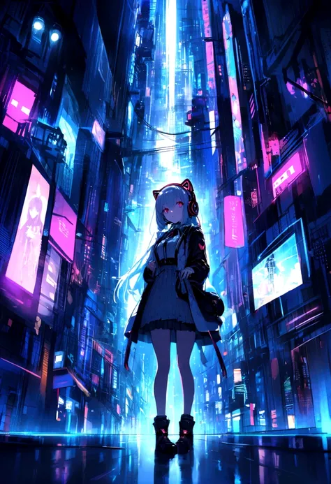 music、headphone、A futuristic city、One Girl、Are standing、neon、music世界、Night view at night、