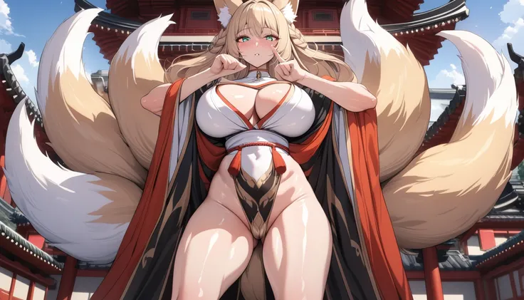 1 beautifull kitsune queen,blonde hairs, french braid, hair hide ear, hime cut, very long hair, heart-shaped pupils, animal ears, fox ears,"long orange fox ears with black tips", covering ears, kemonomimi mode,tail emanating(9 tails fox),huge tits, large h...