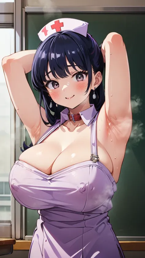 ((Upper body close-up))、(Big Breasts,Cleavage:1.8),Anna Yamada,gigantic breasts,smile、(Nurse uniform:1.5)、(Are standing)、(In the classroom)、(Wearing a collar:1.5)、Earrings、Earrings、bracelet,(Delicate facial features:1.5)、(masterpiece, Highest quality, High...