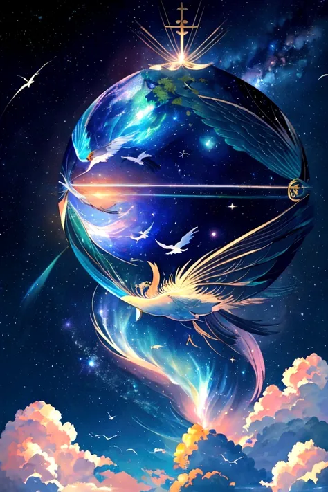 bird、虹色に光り輝くbird、虹色の空を飛ぶ不死bird，colorful，beauttiful stars，wonderful景色，utopia，an atmosphere full of dreams and hope，masterpiece．16...