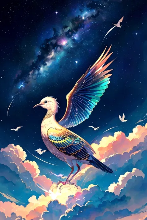 bird、虹色に光り輝くbird、虹色の空を飛ぶ不死bird，colorful，beauttiful stars，wonderful景色，Utopia，An atmosphere full of dreams and hope，masterpiece．16K, Ultra-high resolution, Ultra-high resolution, to be born,wonderful ,future、Iridescent、The world 30 years from now。