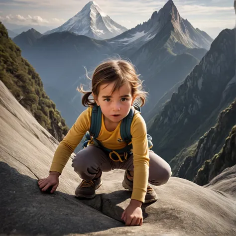 "A two-year-old girl, dressed in a napkin, struggling to climb a steep mountain while carrying a large needle. The scene captures her determination and strength despite her small size, with a dramatic backdrop of rugged terrain and a towering peak."