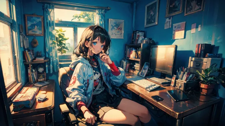 high resolution,High definition,high quality,Girl playing games,gaming computer,Erogeo Art Style, Arte Roffie, zero vibrations, Hip Hop Lofi,aesthetic, Lo-fi art, Lo-fi illustration style, zero, Portrait of Roffey, vibe zero, zero, Chill Hop, Anime Aesthet...