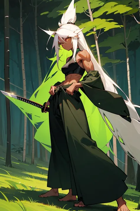 Dark-skinned woman, long white hair, vibrant emerald eyes, wearing a black sports bra, black baggy martial arts pants. Anime artstyle. In a forest at night. Holding a silver katana. Bare feet. best quality, perfect muscular body, looking at viewer, kendo s...