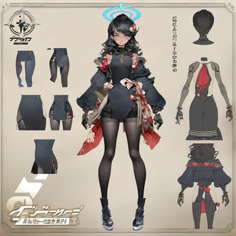 Game Character Concept Art, modern design, blue archive style, Side-trimmed dress, various decorations, black full body stockings,