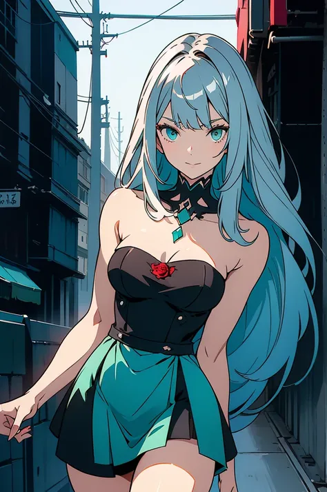 Gray hair, straight long hair, blunt straight bangs, straight long side bangs, sea wave green left eye, red rose right eye, she has heterochromia,  left and right eye is different coloured, eyes has two different iris color
((Best Quality)), ((Masterpiece)...