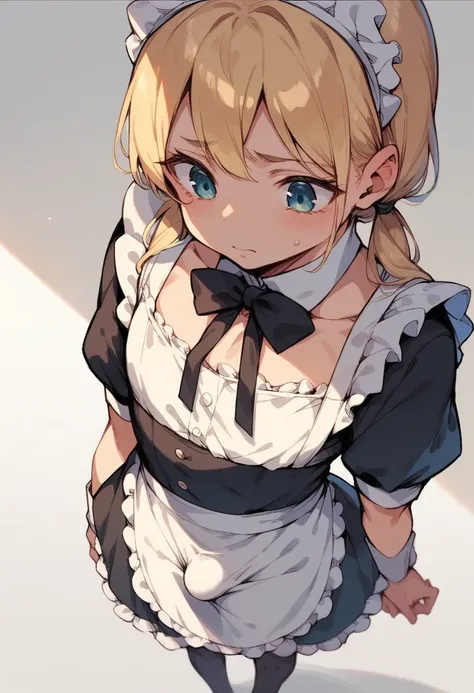 (Crossdresser),blonde low twintails,Maid clothes,Looking down from above,Groin bulge